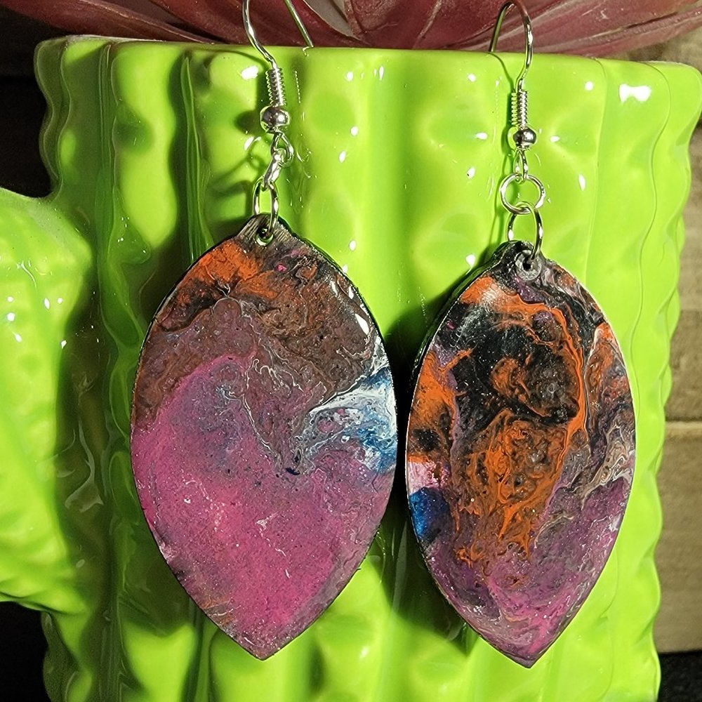 Paint Pour Earrings - Lightweight Hand Painted Wooden Resin Coated Wearable Art